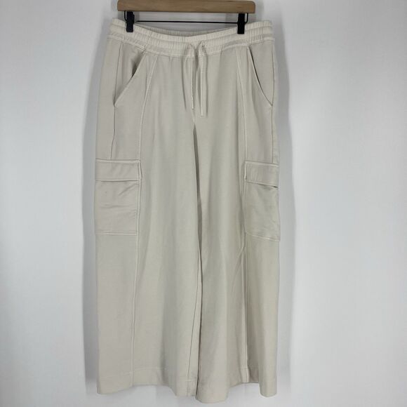 Athleta Pants Size Large Womens Magnolia White Retroterry Wide Leg Cargo Pull On - Picture 1 of 11